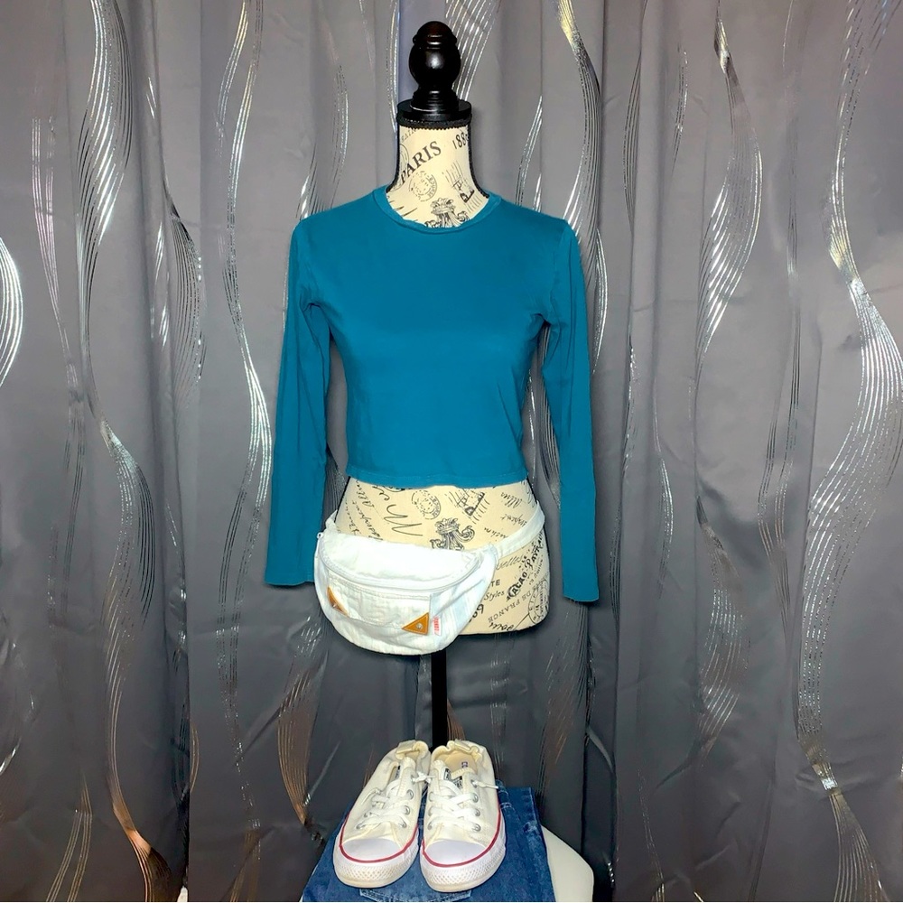 Wild Fable Crop Top 3/4 Sleeve Teal Blue Crew Neck Cotton T Shirt Size XS